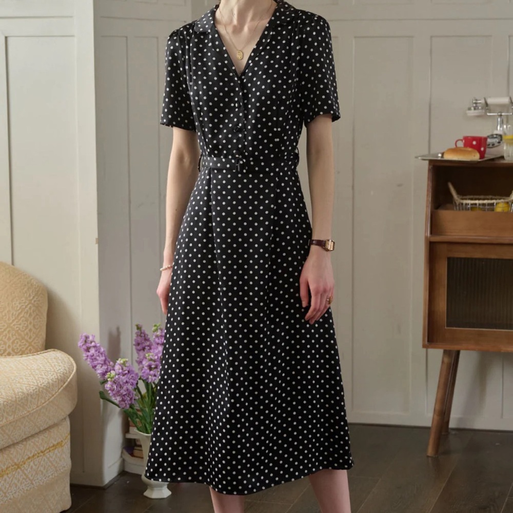 Elegant Black Polka Dot Midi Dress